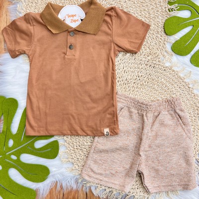 Conj. Camiseta Gola Polo e Bermuda em Linho - Ferrugem